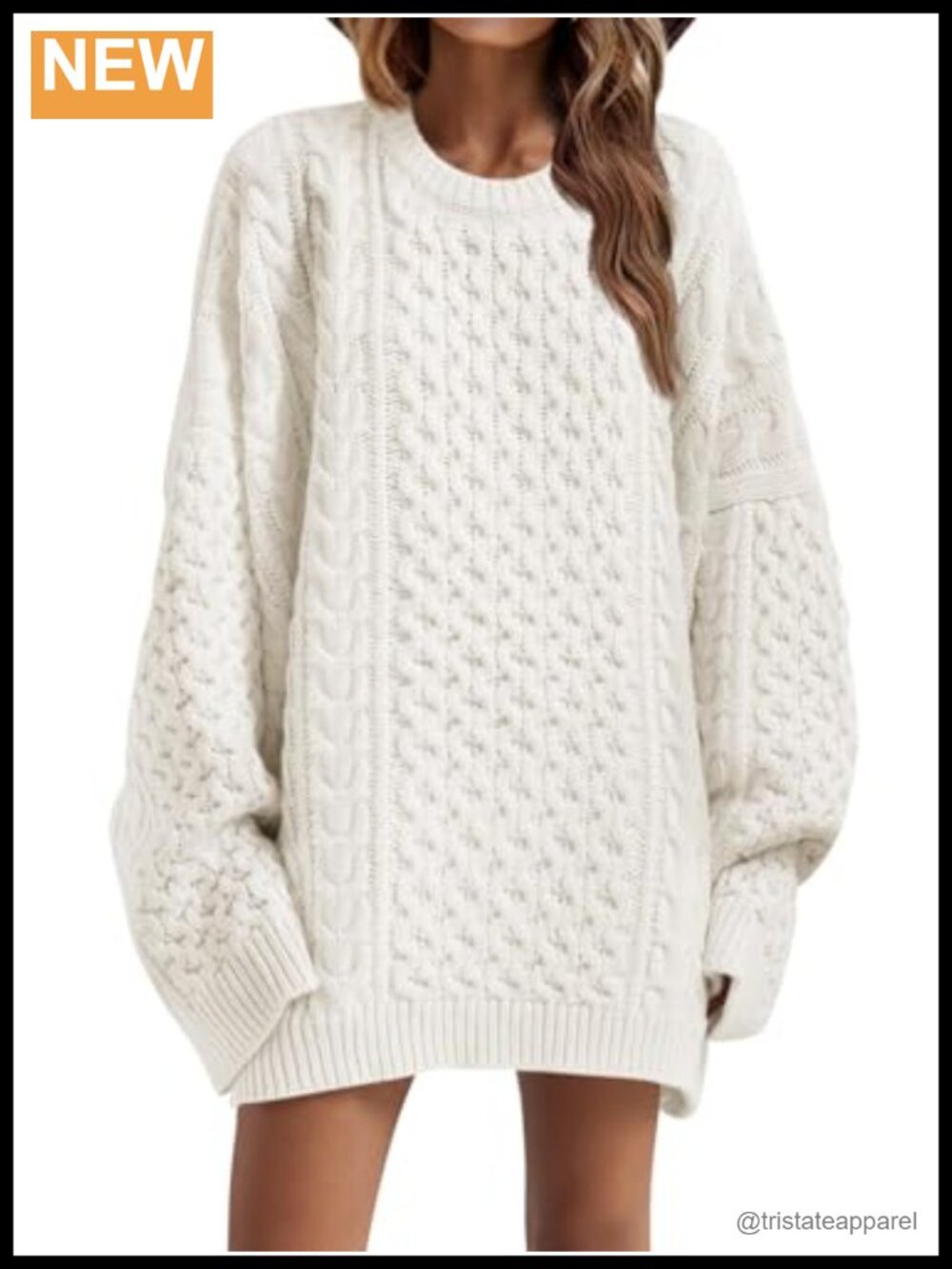 Chunky Cable Knit Tunic Pullover, 100% Acrylic, Crew Neck, Long Sleeve